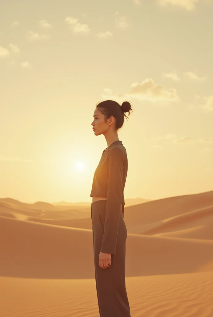 A lonely modern woman in the middle of the desert looks from the side profile