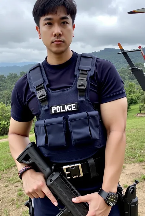 Handsome 25 year old Korean special forces, posing in front, holding airsoft, navy special uniform complete with bulletproof vest, on the vest there is an inscription called (Police) wearing a sophisticated watch, background of a helicopter and the tropica...