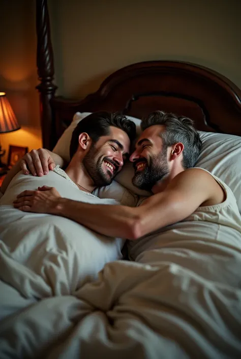  Handsome white young man in his 30s with short brown hair and short beard ,  tall and shaped in the bedroom bed of a nightstand with a white man in his 60s with short gray hair and a short beard, tall and fit, lying hugging each other smiling after sex at...