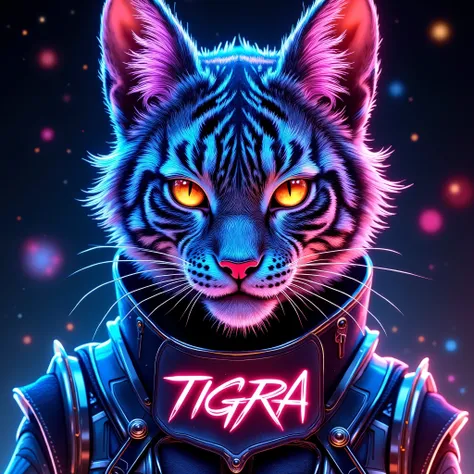 un Tigre aux couleurs du Cheshire cat, inscriptions "TIGRA" et ONYX brillantes sont gravées dans le style cyberpunk sur son armure, (fond d'anime punk rock ,  veuillez exprimer la scène cyberpunk en arrière plan), NO HANDS 