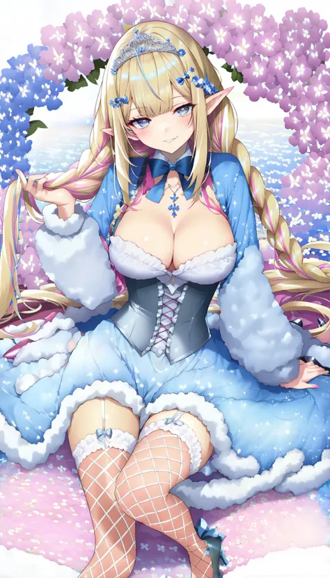 1elf girl,pointy ears,(((light blonde hair and pink highlights, fluffy long hair, beautiful big, long braids with lots of flowers in it, wearing a tiara too with bangs hairstyle, bow in her hair))), smirk, blue shiny Upturned shiny Eyes),Hair ornament, cut...