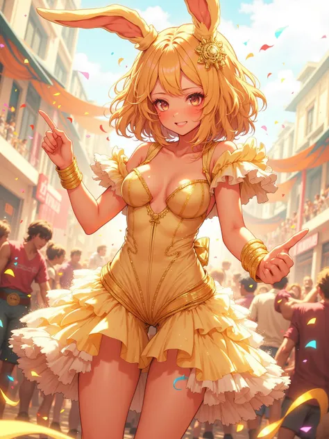 kawaii anime , furry bunny girl , gold spangle bunny suit like samba costume , dance scene , sunny day , Confetti , Halsination , psychedelic
(Hit Bongo , Resonate Samba) ,
Dance the southern carnabal ,
Everyone is excited and she is making a fuss , 
(Glow...