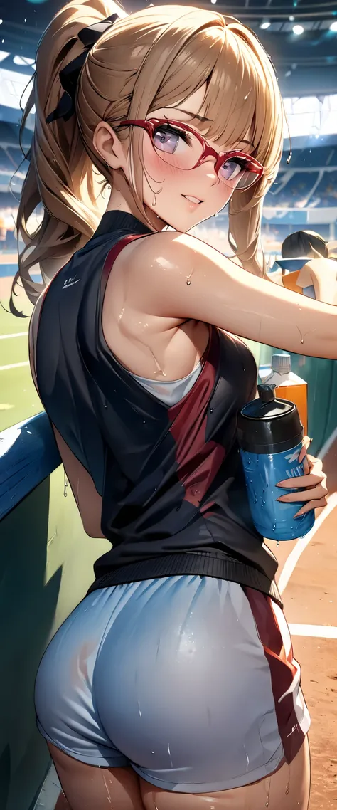 (((masterpiece)))、(( best quality))、( super detailed )、(CG illustration)、(Very beautiful woman))、 cinematic light from back、((1 Female))、 、(Beautiful and luxurious:1.2)、( One Woman :1.3)Sports Stadium,,((Sleeveless track and field athletes ), wet from swea...