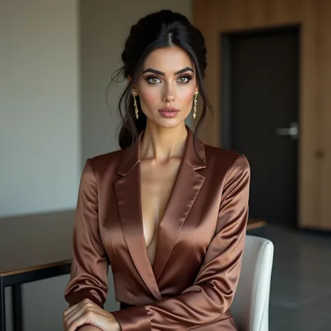 beautiful iranian woman in a satin office outfit