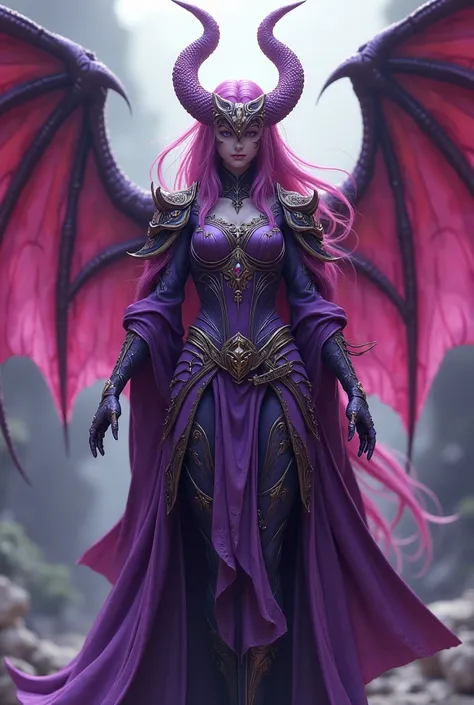 a statue of a female demon with wings and a purple outfit, concept art by Yang J, cgsociety contest winner, fantasy art, fuchsia skin beneath the armor, knights of zodiac girl, fuchsia skin below the armor, mystical anubis valkyrie, female lord of change, ...