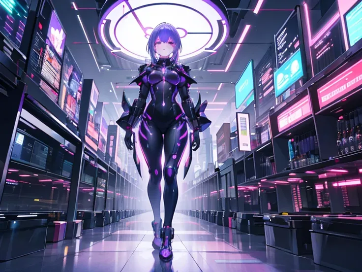 1girl, neon purple hair with glowing circuit patterns, wearing a sleek cybernetic bodysuit with holographic projections, standing in a futuristic metropolis filled with flying cars and towering skyscrapers, absurdres, high res, ultrasharp, 8K, masterpiece,...