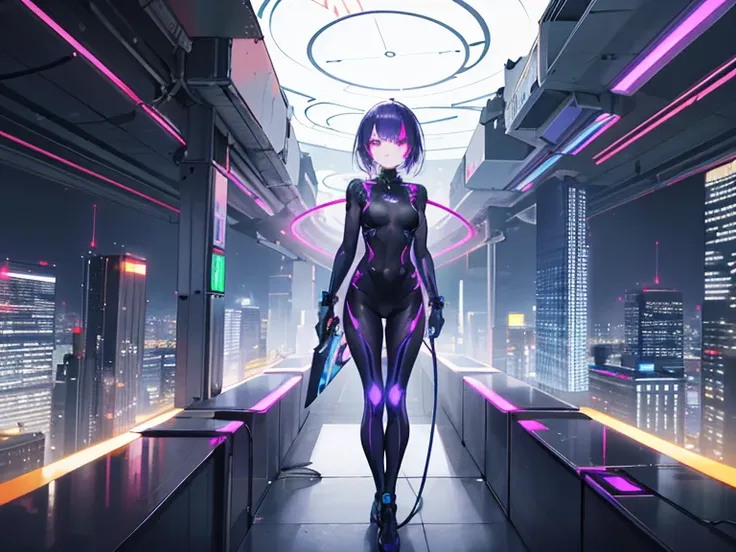 1girl, neon purple hair with glowing circuit patterns, wearing a sleek cybernetic bodysuit with holographic projections, standing in a futuristic metropolis filled with flying cars and towering skyscrapers, absurdres, high res, ultrasharp, 8K, masterpiece,...