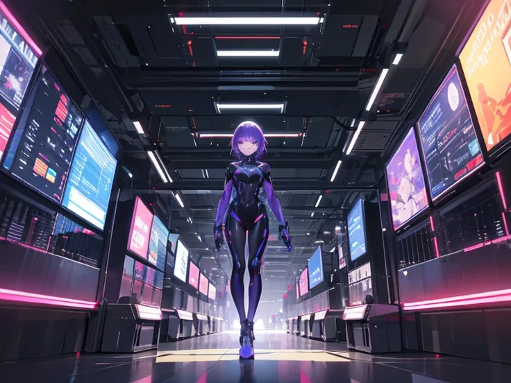 1girl, neon purple hair with glowing circuit patterns, wearing a sleek cybernetic bodysuit with holographic projections, standing in a futuristic metropolis filled with flying cars and towering skyscrapers, absurdres, high res, ultrasharp, 8K, masterpiece,...