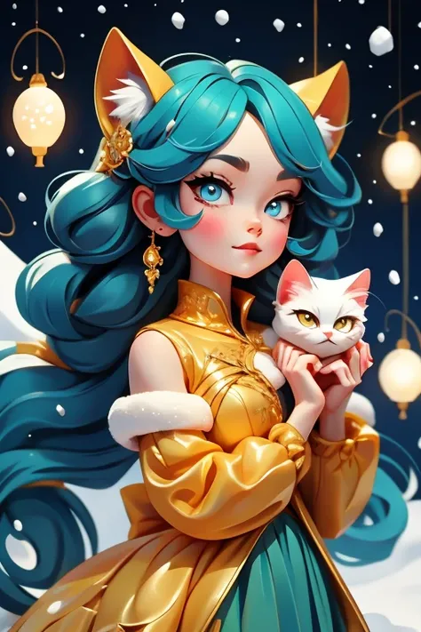 Perfect face. Perfect hands. A petite teal haired woman with golden eyes and teal cat ears and a teal cat tail in a winter wonderland dress is smiling while holding a snowball in a winter wonderland