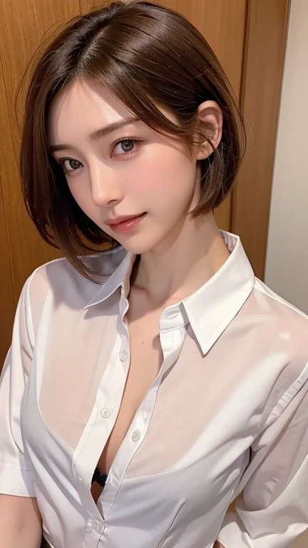  1 woman,32K, mature women,masterpiece, slim slender, is present, adult sex appeal,(Ultra short hair),( medium chest), Japanese, face with collar,( collared shirt :1.3),(bra visible through clothes:1.2),(open shirt), face where underwear is visible, beauti...