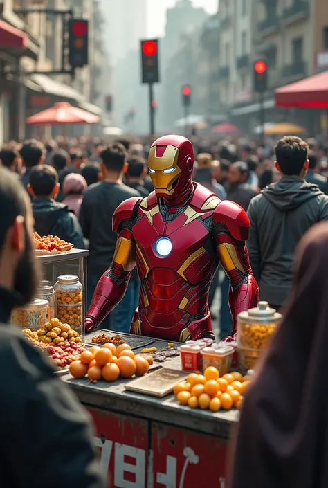  Ironman stands at the red light intersection and sells food. Drinks, Quran,  Fruits on the corner Traffic Kiosk . With Crowds of People  ( full image  )