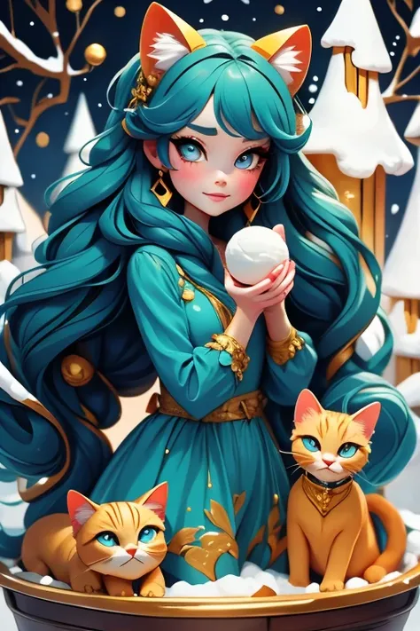 Perfect face. Perfect hands. A petite teal haired woman with golden eyes and teal cat ears and a teal cat tail in a winter wonderland dress is smiling while holding a snowball in a winter wonderland