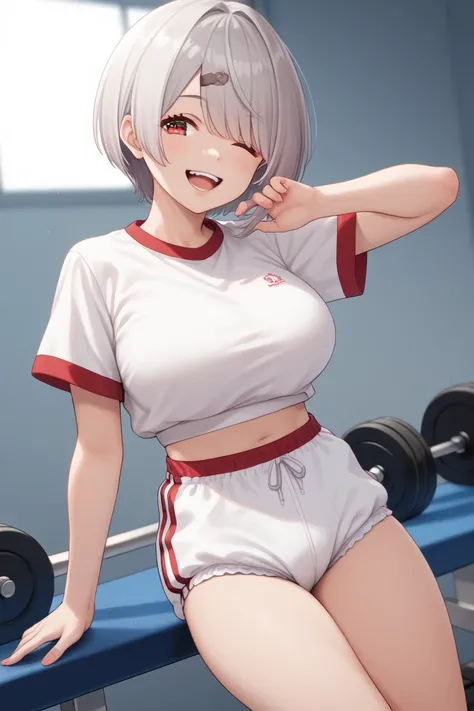 Ars Almal, Nijisanji,Big Breasts,Gym clothes,Bloomers, thighs, red eyes,Pinkish gray hair , shortcut, bangs hide one eye,Chewy,Chewyのほっぺ,  teeth and laugh,  high resolution,  anatomically correct,  best quality,  Textured Skin,  ultra high definition,