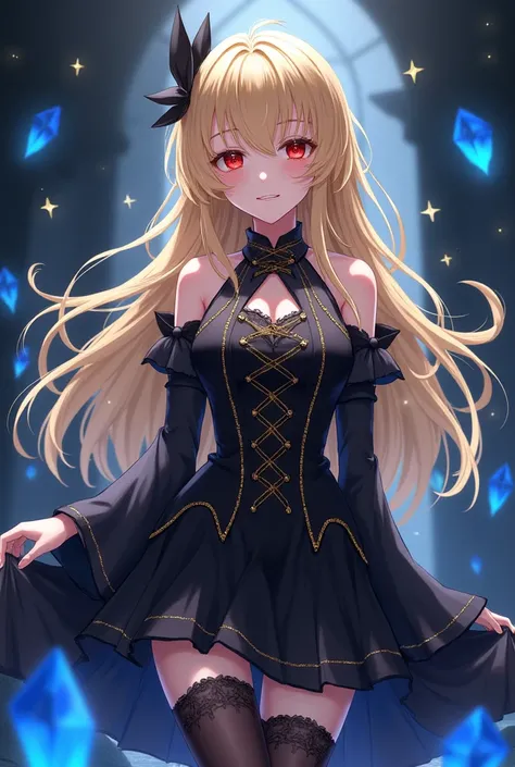  Yue of Arifureta ,  by Arifureta, Arifureta, image completely faithful to Yue ,  Young European vampire ,  long hair and golden blonde ,  slightly wavy ,  bright red eyes ,  pale and soft skin ,  black gothic style dress with gold details ,  poses elegant...