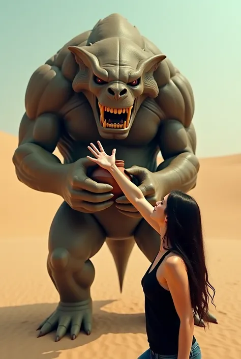 The image is a digital art piece that appears to be a scene from a fantasy or sci-fi movie. It shows a large, muscular creature with a fierce expression on its face. The creature is standing on its hind legs and is holding a small pot in its hands. It is s...