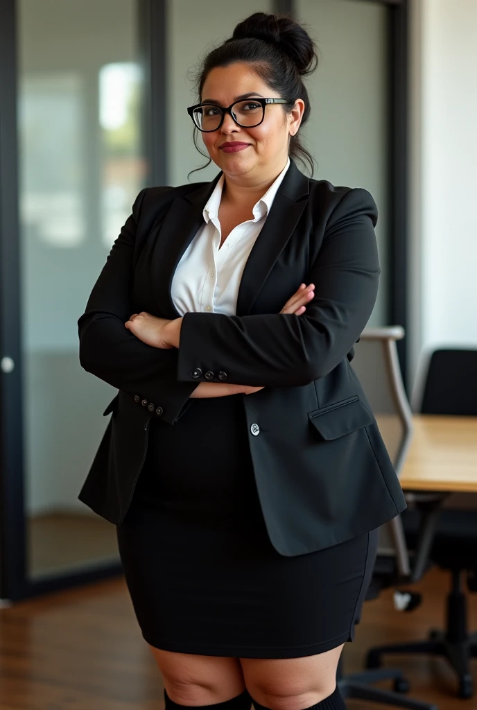 office, a 35 year curvy old woman, black hair. tied in a bun, glasses. she wears a blazer and a white dress shirt underneath and a black skirt. high socks. she has huge natural breasts, thick thighs and a voluptuous body. she has her arms crossed, expressi...