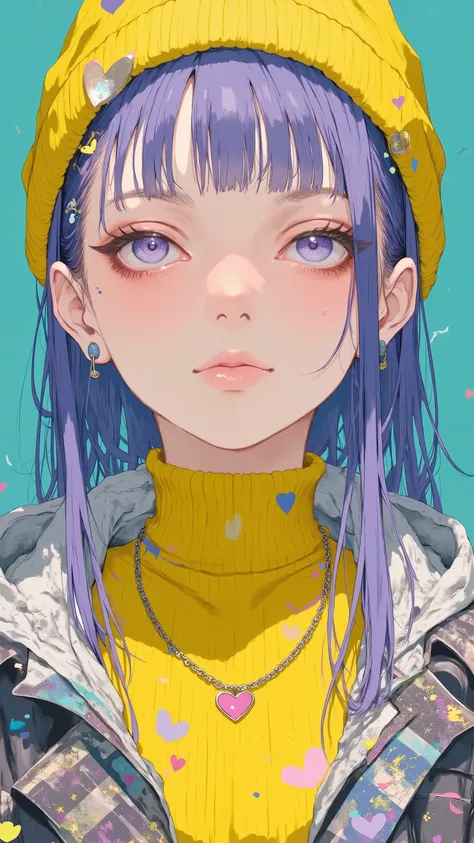 Close-up,  frontal,  large eyes,  blue eyes,  long hair, purple-blue hair, yellow beanie, heart embellishments, yellow turtleneck, heart earrings, plaid garment, calm expression, serene,  solid teal background.
