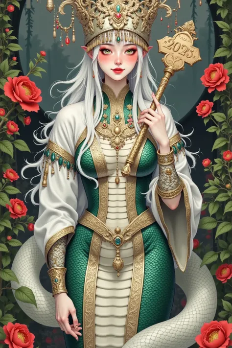  Close up of the white python queen ，Closeup of the white python queen wearing a tassel hat ， it circles around itself  ,  white snakeskin skirt，  Bracelet，Armband，(((Holding a wooden sign in hand，"2025")))。 surrounded by flowers，python background