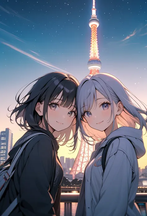 (masterpiece, best quality:1.1),whismical, subtle color,(two girls),cute,detailed face,(tween),nice travel,(in front of tokyo sky tree),japan, beautiful detailed scenery, beautiful lighting,very happy,dynamic pose,photographic portrait, sharp,