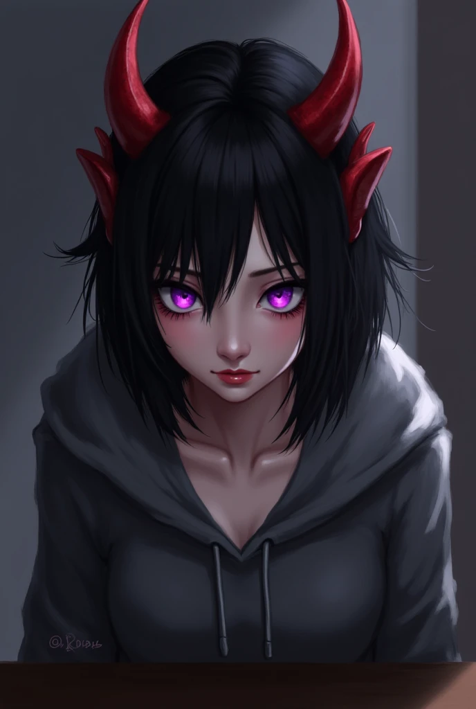 devilish、wearing a gray hoodie、purple eyes、wearing a black aura、look at the viewer、best image、table、red horns、short、beautiful woman、shoulder-length black hair、gentle smile