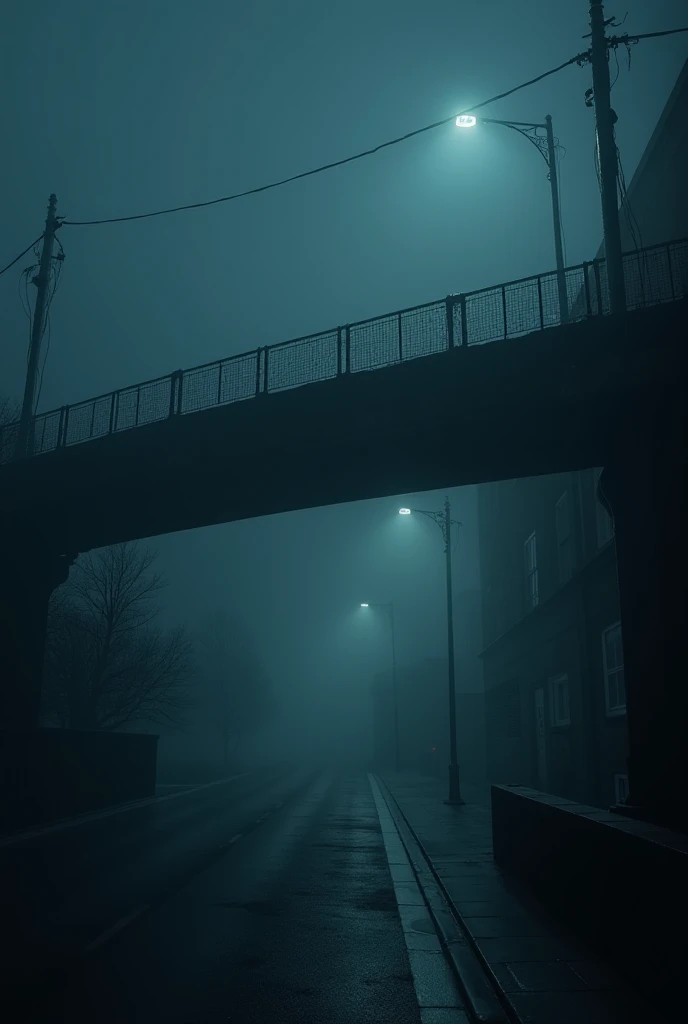 A dark, foggy urban bridge at night with an eerie atmosphere, dim streetlights, and a sense of unease, ultra-HD, realistic lighting.