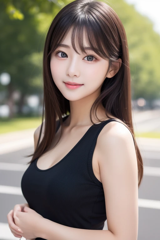 「Beautiful healthy Japanese girl 、 long black and shiny hair 、 clear white skin、Big, clear eyes 、 soft smile 、A clean impression。With natural makeup、 her cheeks are slightly reddish 。 lively atmosphere that seems to be good at sports、 has a slender but ton...