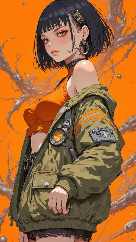 Close-up, three-quarter view, dark bob, blunt bangs, sharp features, serious expression, cropped orange top, olive-green jacket, orange accents, white stripes, voluminous, multiple pockets, straps, dark bottoms, subtle accessories, metallic, vibrant orange...