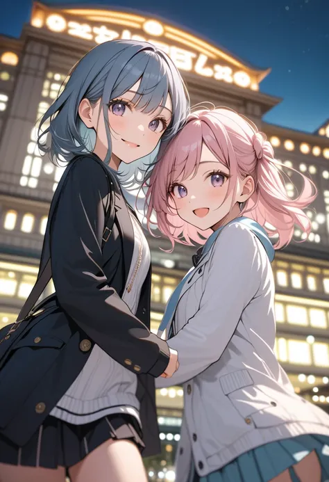 (masterpiece, best quality:1.1),whismical, subtle color,(two girls),cute,detailed face,(tween),nice travel,(in front of tokyo station),japan, beautiful detailed scenery, beautiful lighting,very happy,dynamic pose,photographic portrait, sharp,