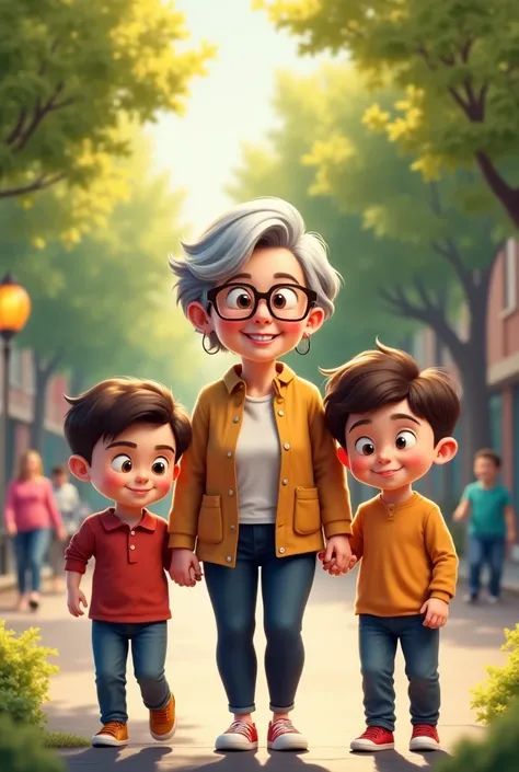 A 66-year-old gray-haired lady wearing glasses walking with two boys aged 6 and 8