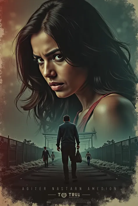 A modern cinematic movie poster with a beautiful abducted feared indian female lead as the central focus, her face showing vulnerability, and a tense expression The poster has a dramatic, action-thriller vibe with a mix of warm and cool tones, emphasizing ...