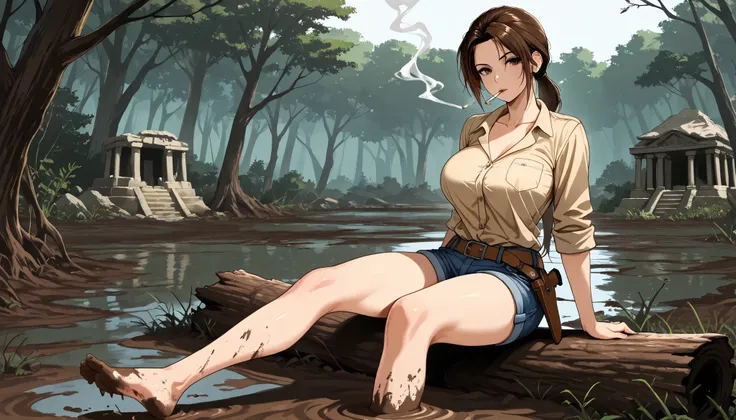 lara croft in button down shirt and jeans shorts sitting on log and smoking cigarette in the muddy swamp near ancient temple ruins, cute, sassy, lara croft, ((((beige button down shirt)))), (collarbone), (rolled up sleeves), breast pockets, (untucked shirt...