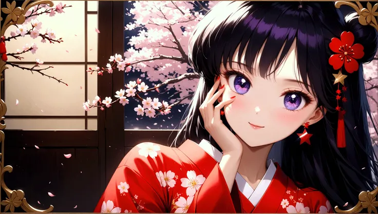 (masterpiece, best quality, very aesthetic , ultra detailed), intriguing details, aamars, Geisha hair, black hair, star earrings, small breast, hand on own face, 1girl, Geisha, white cherry blossoms printed, smile, detailed background, intricate details, b...