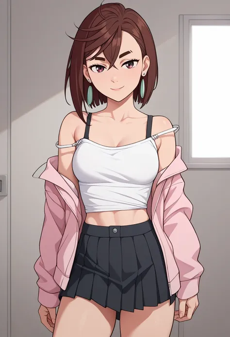 Ayase Momo,  short hair,  Hair,  brown eyes, bangs,  thick eyebrows,  Medium Boobs, masterpiece、 bangs, midriff,  thighs,  light brush, A faint smile 、Bedroom Eyes、 earrings, Alone、 casual outfit, clavicle,  bra strap,  off-shoulder shirt,  shoulder out,  ...