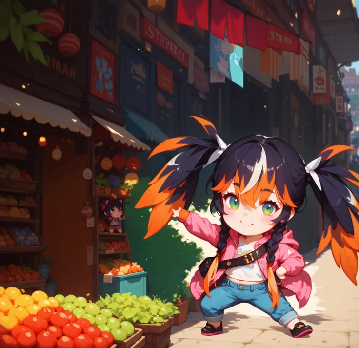  Masterpiece,   best quality , 1 girl,  chibi, Market street background,  makes better ,