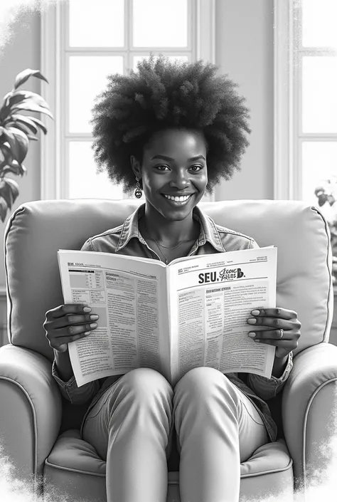 Create a sketch of a black person sitting in a room reading a newspaper