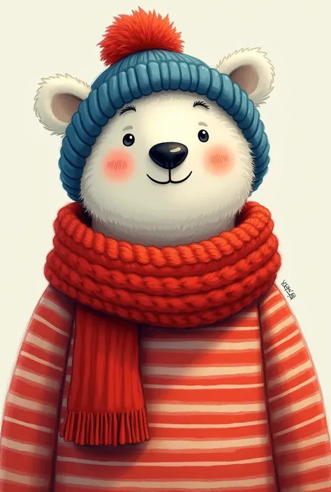 polar bear with blue and red cap wearing a red scarf and striped blouse in shades of red drawing