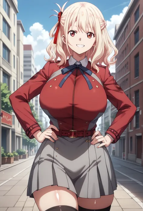 chisato nishikigi, (medium hair, wavy hair:1.4), bangs, blonde hair, red eyes, hair ribbon, (half updo:1.4), huge breasts, (mature female:1.3), adult, sexy, shirt, long sleeves, dress, ribbon, white shirt, collared shirt, belt, neck ribbon, red dress, blue...