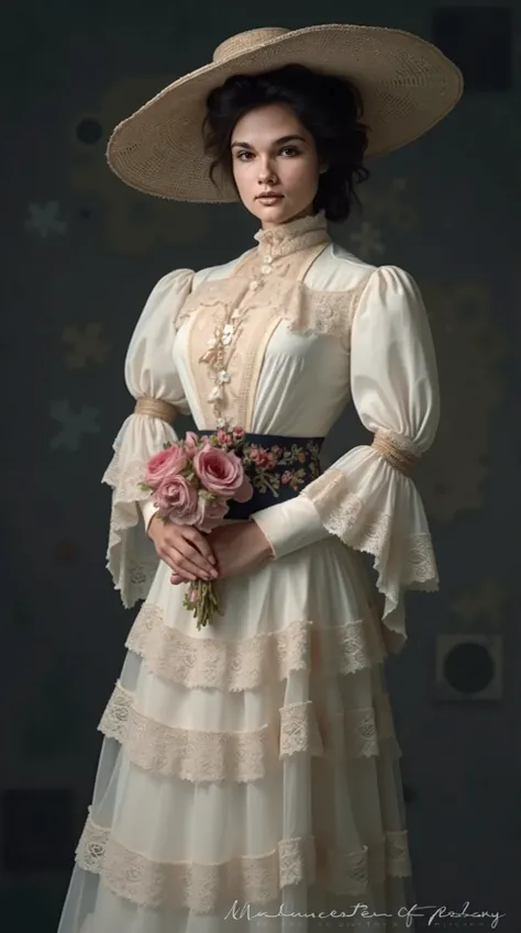  crooked woman in a white dress and hat holding a bouquet,  wearing clothes from the 1890s , intricate victorian dress,  clothes inspired by the Victorian style ,  wearing Victorian clothing ,  Victorian style costume , victorian dress,  Victorian clothing...