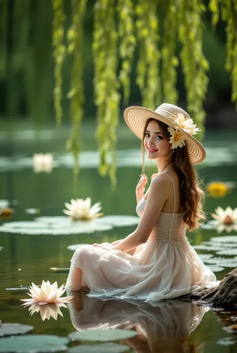   Beautiful and always smiling sexy girl ,   Charming sexy girl with a beautiful flower in her hair  ,  sits on the pond shore in a beautiful hat  ,  lilies float on the water ,  and trees bow beautifully above the water ,   masterpiece, 8 thousand.,  best...