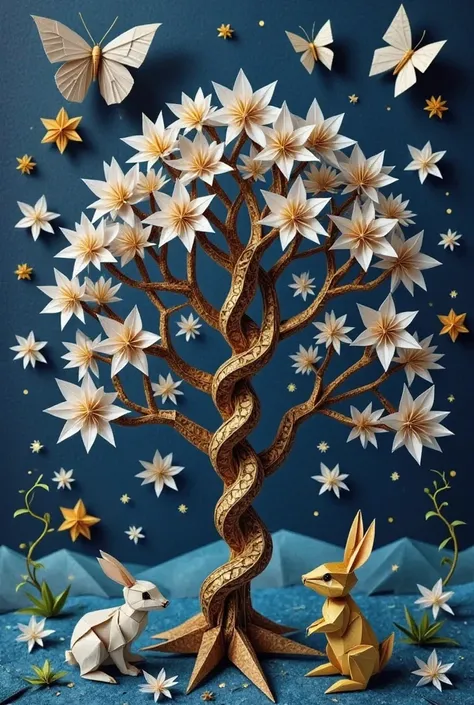 ZOZ_CH,ZOZ_CH
A medium-sized painting of a tree with white flowers on its branches. The tree is in the center of the frame, with the branches extending from the bottom to the top. It is surrounded by a blue field of grass, with a small white rabbit on the ...