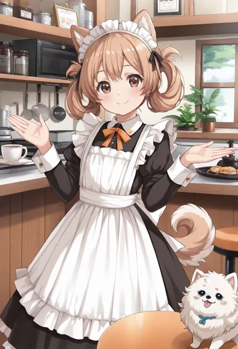 Highest quality,masterpiece,dogcafe,Girl clerk,Maid clothes,(Pomeranian,Multiple small dogs 1.3),Anime Style,cute,Twin tail hair,Smiling with hands up,