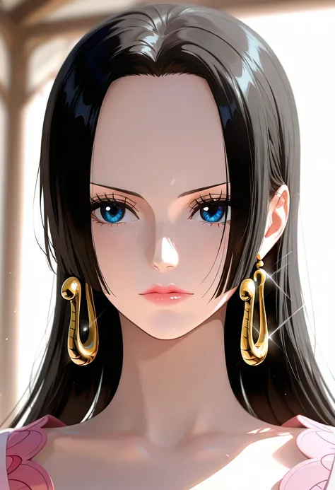 masterpiece, best quality, amazing quality, 1girl, Boa Hancock, one piece, blue eyes, black hair, long hair, "A beautiful anime-style close-up portrait of a young woman with flawless smooth skin, striking deep blue eyes, and long, glossy black hair. She ha...