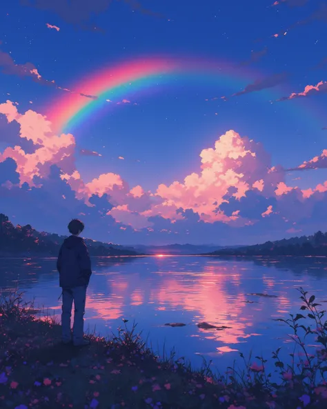 That person painted goodbye with a rainbow in the sky

I looked into the distance, still at a loss

I want to rewind time and see you once more

Crimson clouds fluttering just before night

When I think back so strongly, my heart aches

I want to be by you...