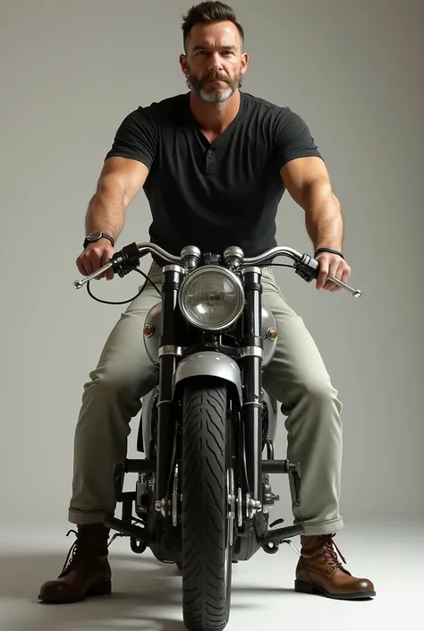 The same man as the reference photo posing in a 1935 Harley Davidson wearing light jeans and a black t-shirt looking straight ahead 