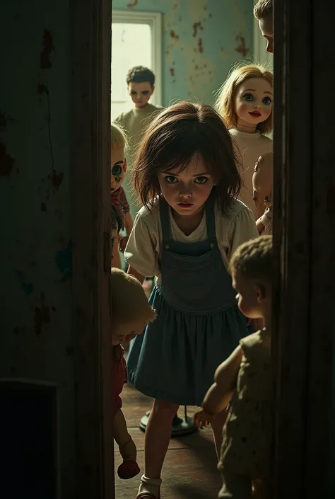 Prompt: "Emma tries to escape, but the doors are stuck, trapping her inside with the creepy dolls."