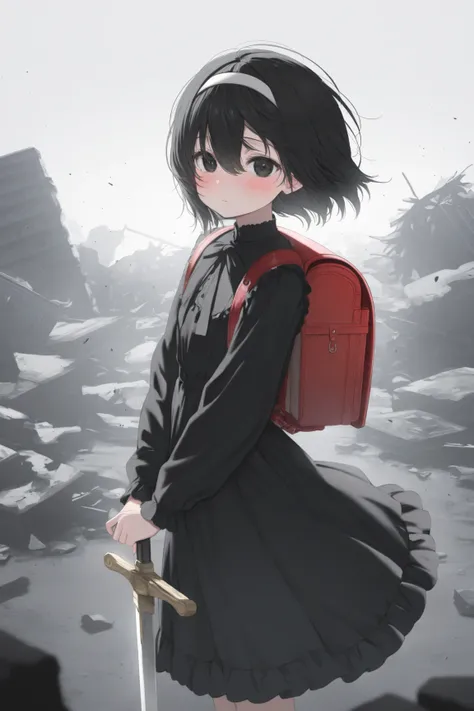 Score_8_up, Detailed, Masterpiece, Excellent lighting, 1girl, backpack, solo, bag, randoseru, black_hair, hairband, dress, holding_strap, white_background, short_hair, looking_at_viewer, black_eyes, long_sleeves, hair_between_eyes, frills, black_dress, ban...