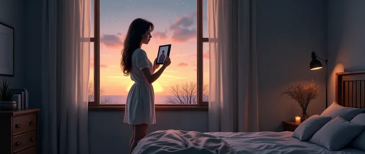 Location: A bedroom with a large window open, overlooking the evening sky that is turning into night. The orange-pink light of the sunset enters the room, along with the shadows from the softly fluttering curtains. Characters: A young woman leaning against...