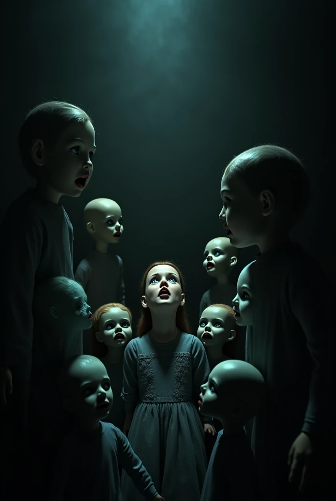 Prompt: "The dolls start chanting in unison, 'Play with us, forevermore!' as Emma screams for help."