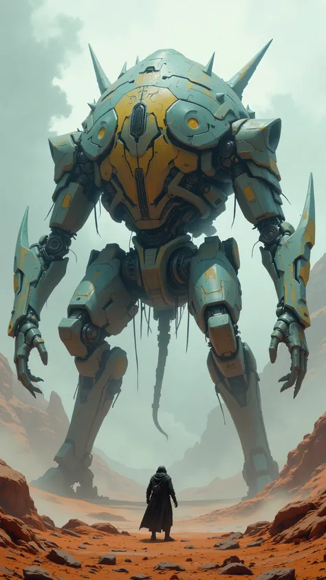 8k, masterpiece, highest quality, Low angle, giant, mechanized, insectoid, bipedal, teal, blue-grey, gold, yellow, organic, mechanical, intricate, powerful, helmet, antennae, segmented, tail, desolate, reddish-brown, desert, cloudy, muted, hazy, small, hum...