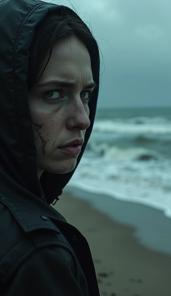 Horror and dark image. Close up on the face of a person with a suspenseful expression against a beach background showing the sea filled with waves